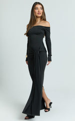 Boat Neck Backless Tie Front Long Sleeve Jersey Dress in Black - Urban Luxe Apparel