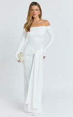 Boat Neck Backless Tie Front Long Sleeve Jersey Dress in Cream