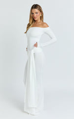 Boat Neck Backless Tie Front Long Sleeve Jersey Dress in Cream