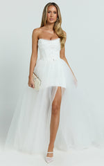 Beaded Strapless Corset Panel Dress with Detachable Tulle Skirt in White