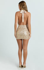 Halter Cowl Neck Low Back Sequin Fitted Dress in Gold