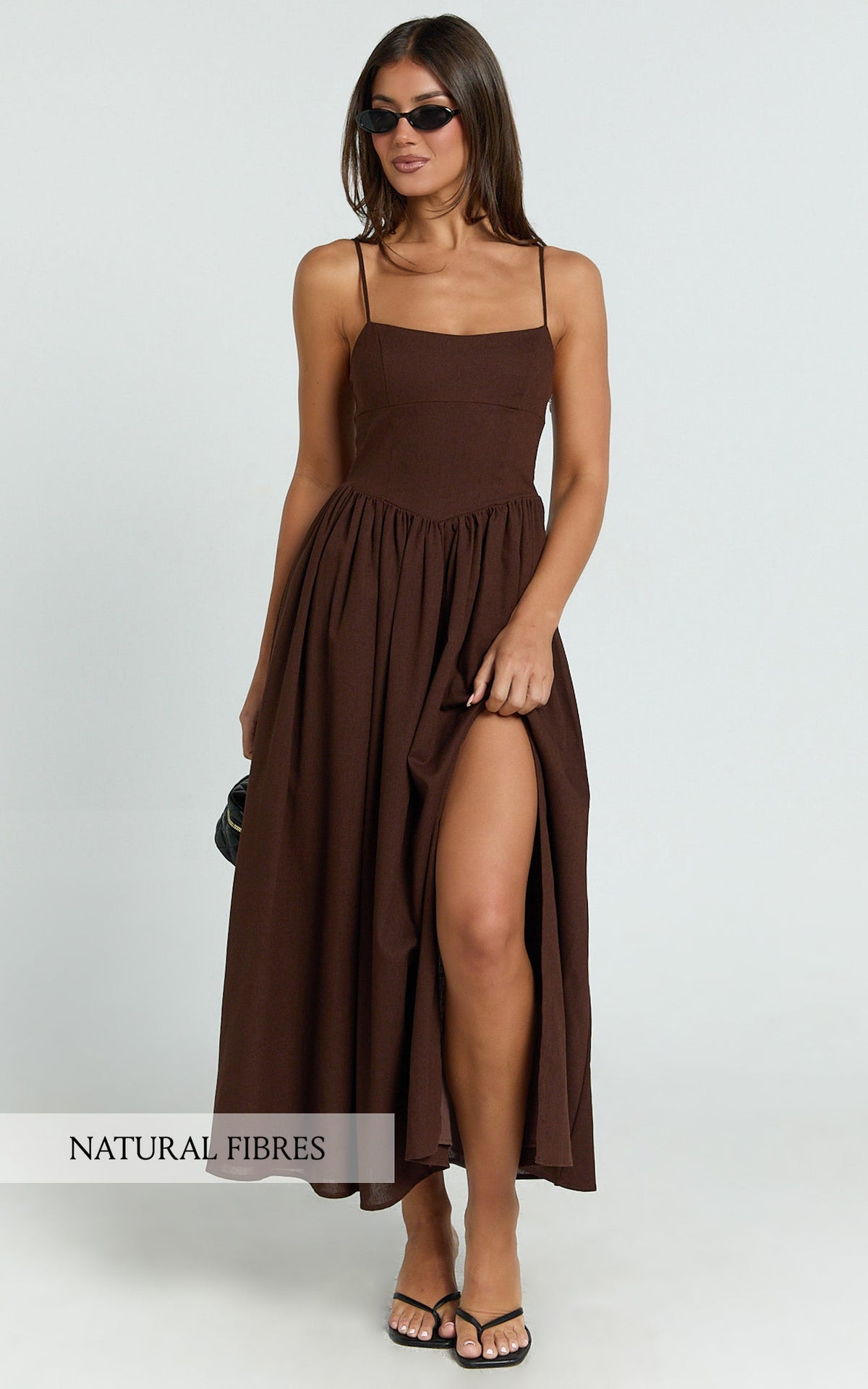 Linen Scoop Neck Gathered Dress in Chocolate - Urban Luxe Apparel