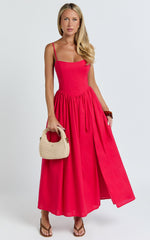 Linen Scoop Neck Gathered Dress in Red - Urban Luxe Apparel