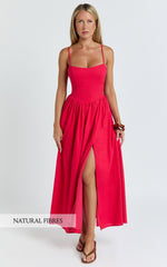 Linen Scoop Neck Gathered Dress in Red - Urban Luxe Apparel