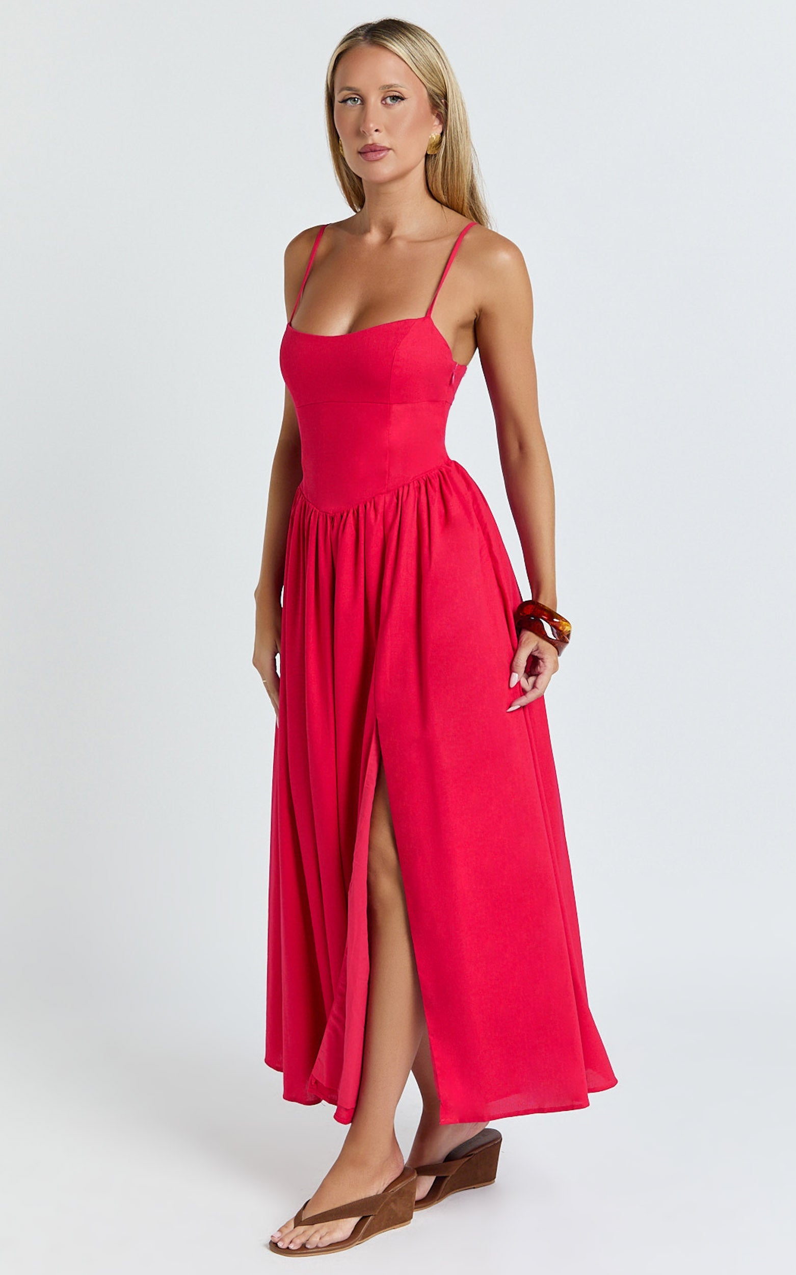 Linen Scoop Neck Gathered Dress in Red - Urban Luxe Apparel