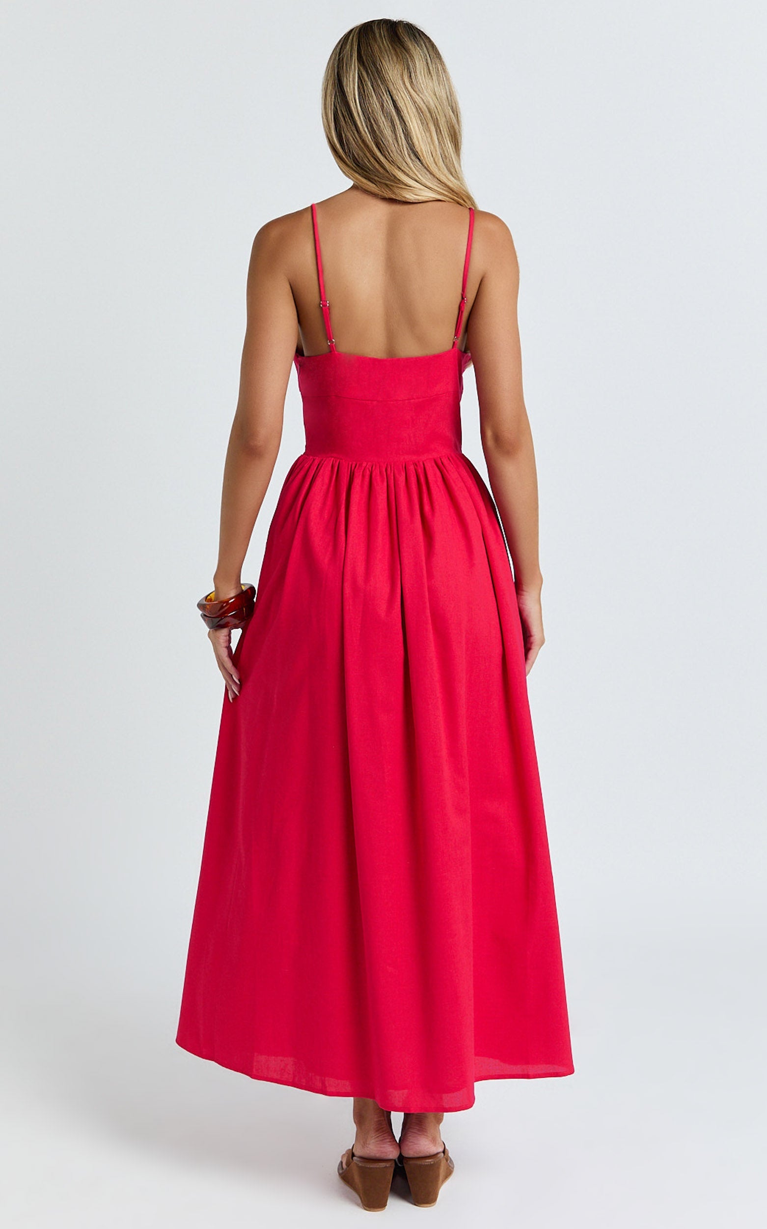 Linen Scoop Neck Gathered Dress in Red - Urban Luxe Apparel