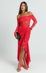 Off The Shoulder Gathered Waist Ruffle Dress in Red