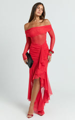 Off The Shoulder Gathered Waist Ruffle Dress in Red