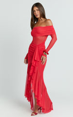 Off The Shoulder Gathered Waist Ruffle Dress in Red