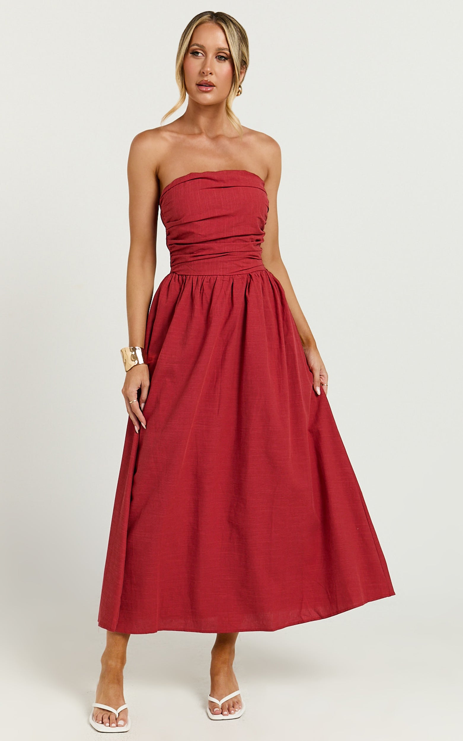 Strapless Ruched Dress in Red - Urban Luxe Apparel