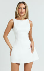 Boucle Boat Neck V Back Fit and Flare Dress in White