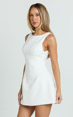 Boucle Boat Neck V Back Fit and Flare Dress in White
