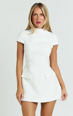 High Neck Cap Sleeve Tulip Skirt Dress in White
