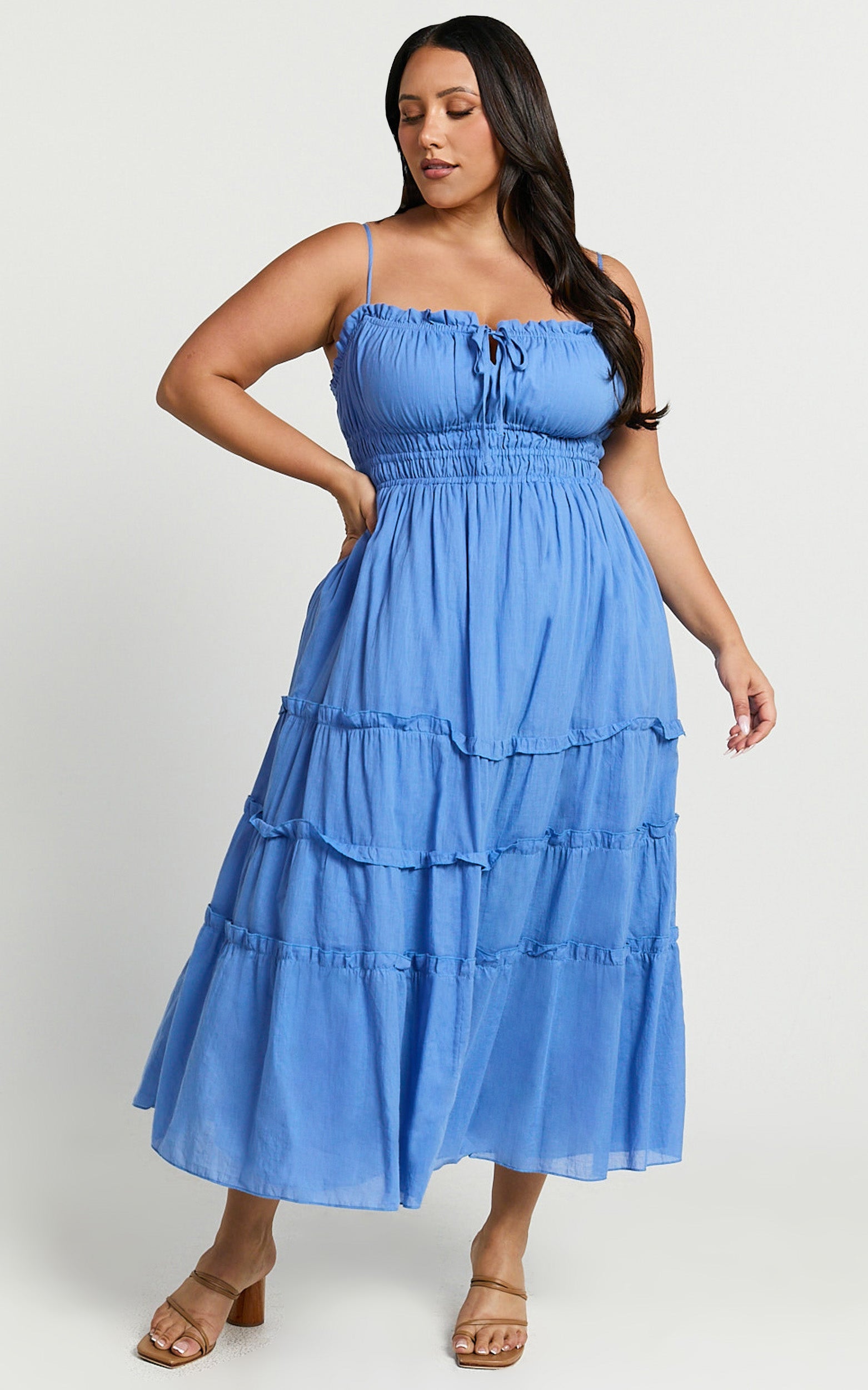 Strappy Ruched Tie Front Tiered Dress in Blue - Urban Luxe Apparel