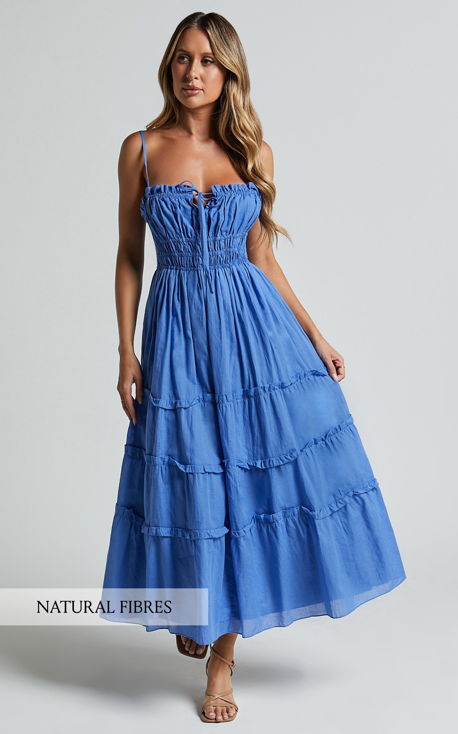 Strappy Ruched Tie Front Tiered Dress in Blue - Urban Luxe Apparel