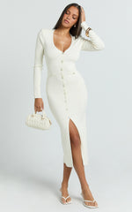 Pearl Button Down Long Sleeve Knit Dress in Ivory - Urban Luxe Apparel