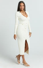 Pearl Button Down Long Sleeve Knit Dress in Ivory - Urban Luxe Apparel