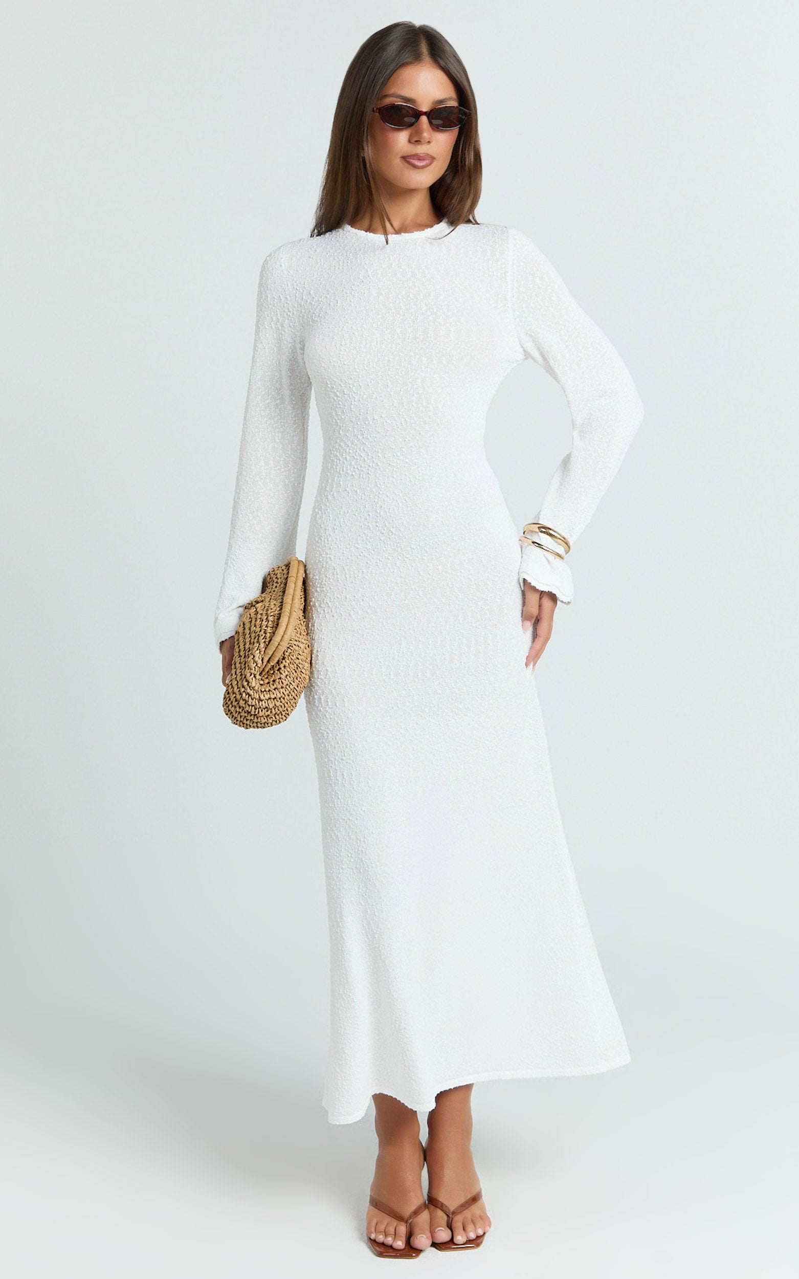 Long Sleeve Scallop Edge Knitted Midi Dress in White - Urban Luxe Apparel