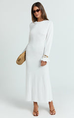 Long Sleeve Scallop Edge Knitted Midi Dress in White - Urban Luxe Apparel