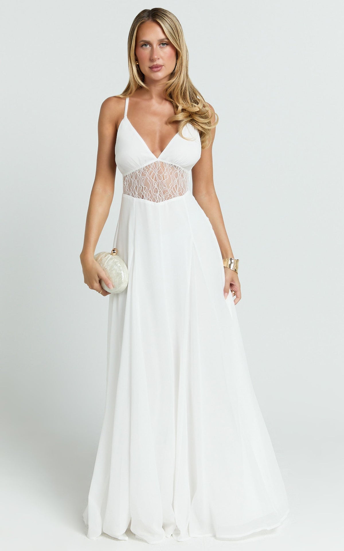 V Neck Low Back Fit And Flare Dress in White